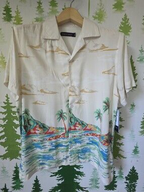 Trinity Coast Button-Down Shirt with Green Palm and Blue Wave Print